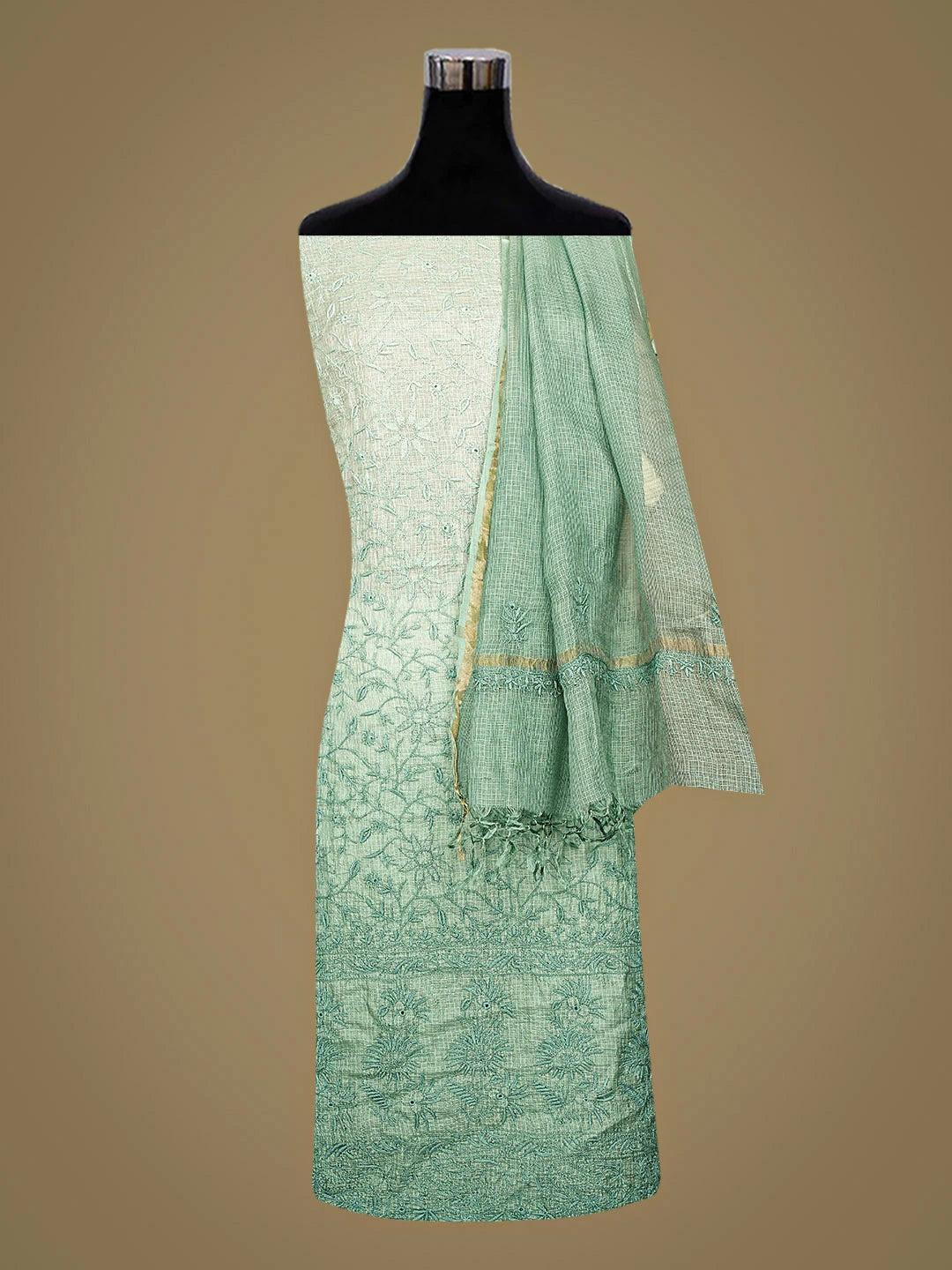 Ada Hand Embroidered Olive Green Kota Silk Lucknowi Chikankari Unstitched Kurta Dupatta Set 01A890967
