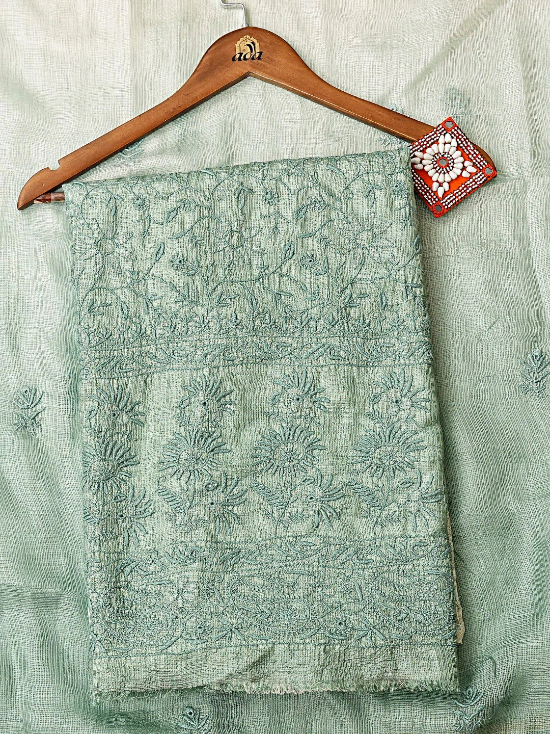 Ada Hand Embroidered Olive Green Kota Silk Lucknowi Chikankari Unstitched Kurta Dupatta Set 01A890967