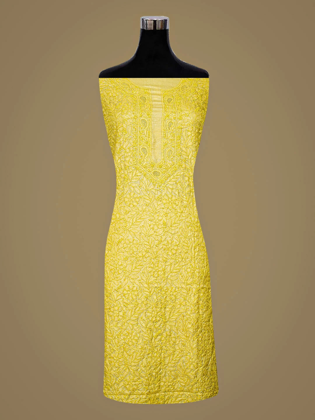 Ada Hand Embroidered Straw Gold Kota Silk Lucknowi Chikankari Unstitched Kurta Dupatta Set 01A908155