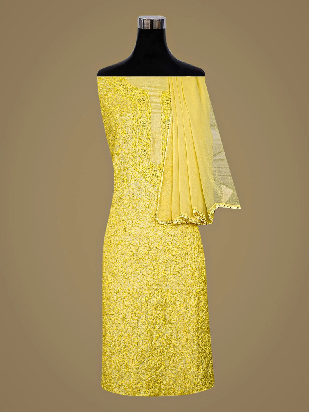 Ada Hand Embroidered Straw Gold Kota Silk Lucknowi Chikankari Unstitched Kurta Dupatta Set 01A908155