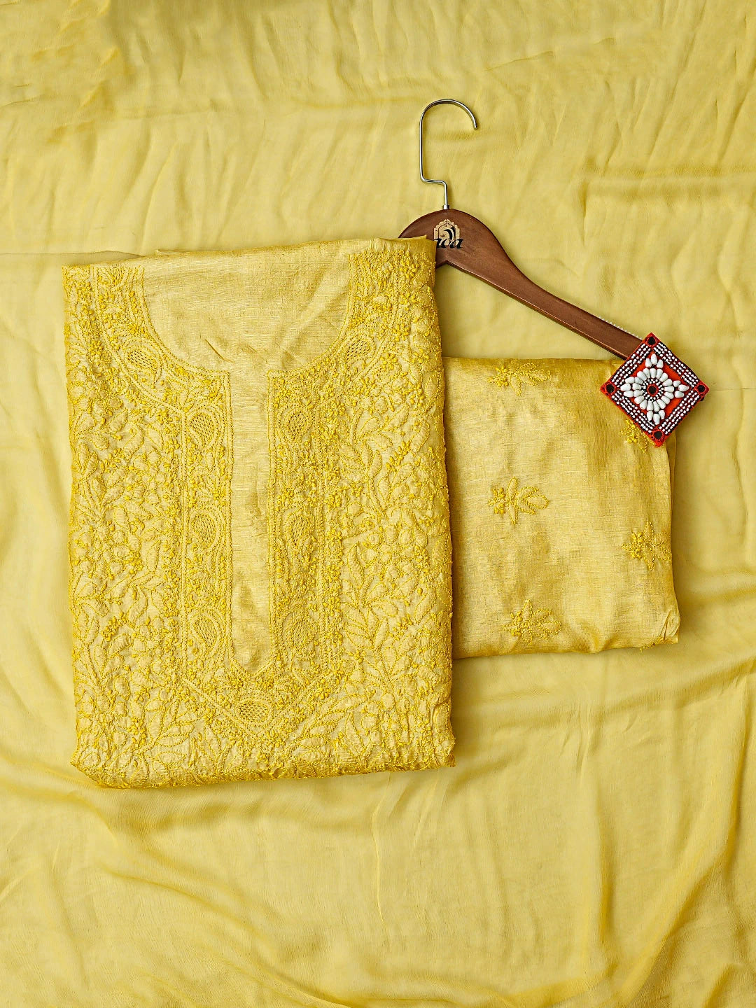 Ada Hand Embroidered Straw Gold Kota Silk Lucknowi Chikankari Unstitched Kurta Dupatta Set 01A908155