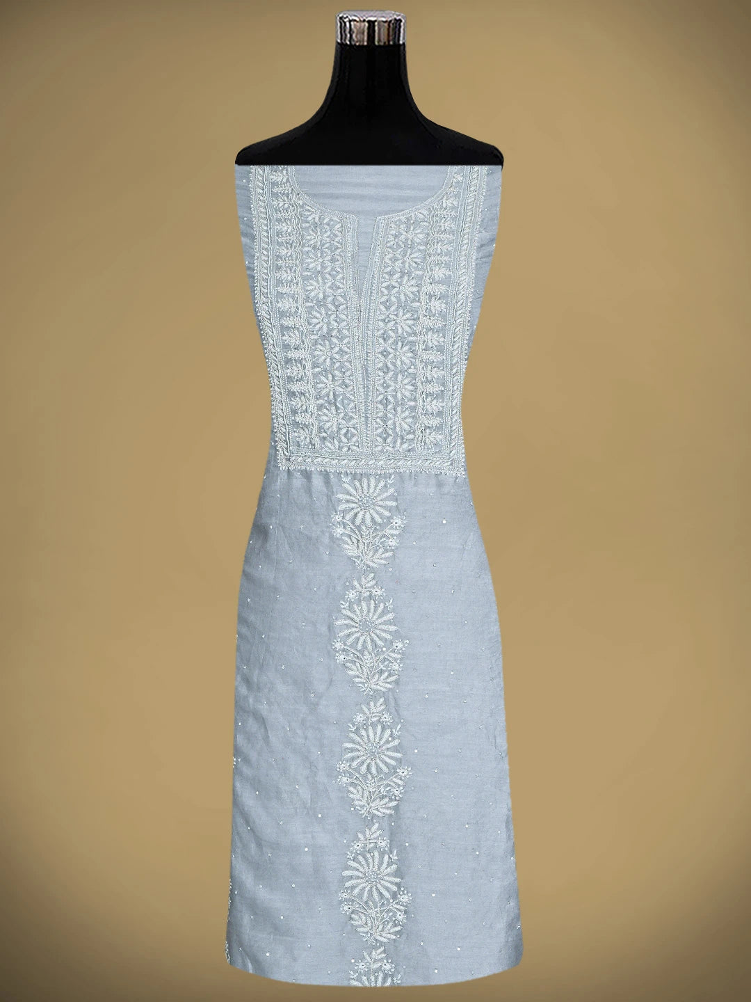 Ada Hand Embroidered Cool Grey Chanderi Lucknowi Chikankari Unstitched Kurta Dupatta Set With Cutdana Work 01A754501