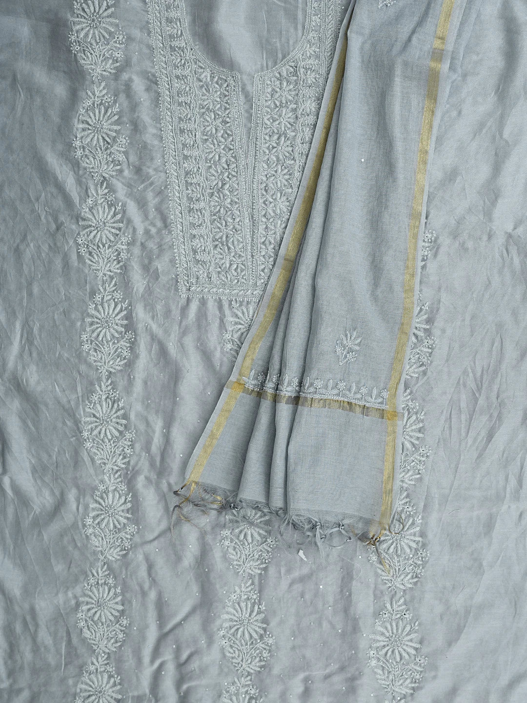 Ada Hand Embroidered Cool Grey Chanderi Lucknowi Chikankari Unstitched Kurta Dupatta Set With Cutdana Work 01A754501