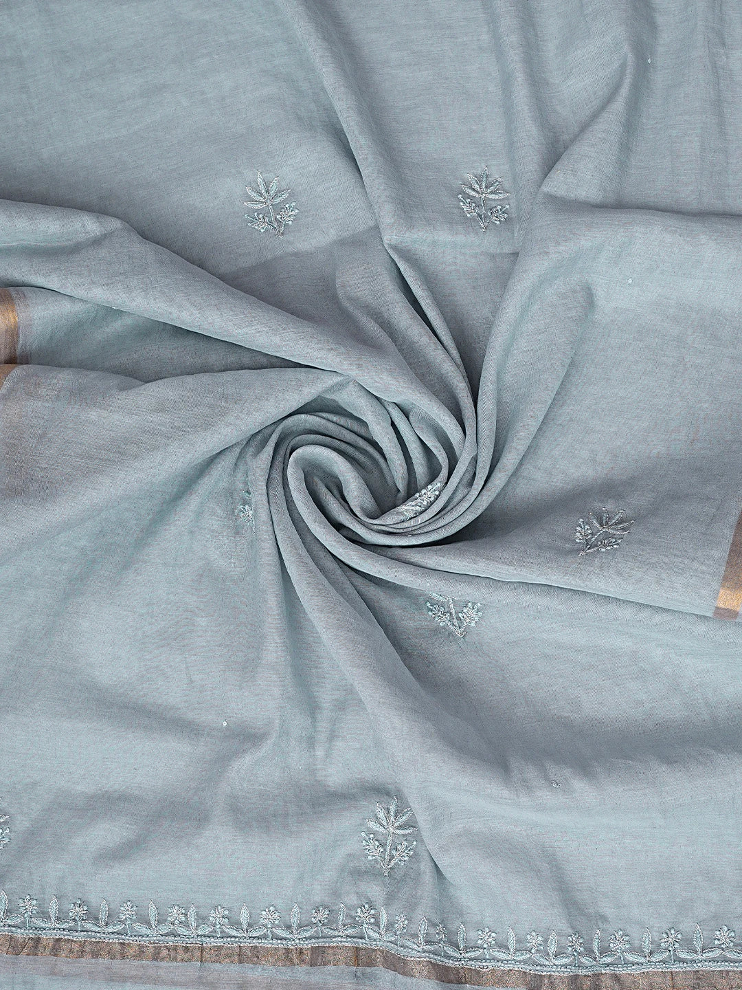 Ada Hand Embroidered Cool Grey Chanderi Lucknowi Chikankari Unstitched Kurta Dupatta Set With Cutdana Work 01A754501