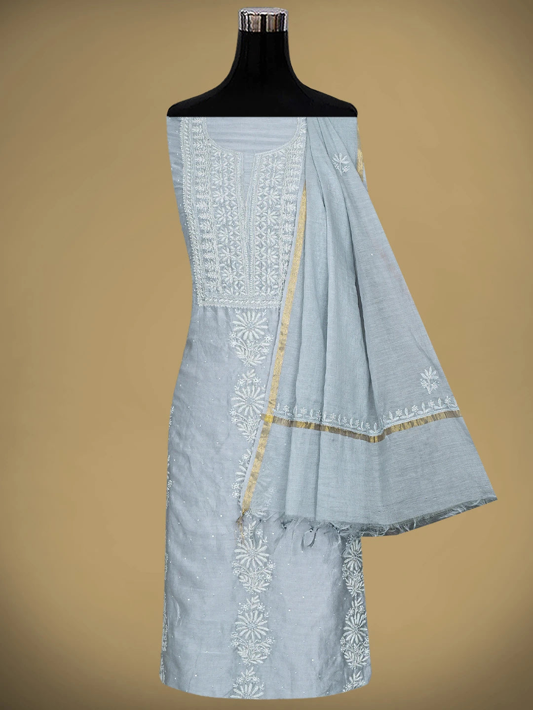 Ada Hand Embroidered Cool Grey Chanderi Lucknowi Chikankari Unstitched Kurta Dupatta Set With Cutdana Work 01A754501