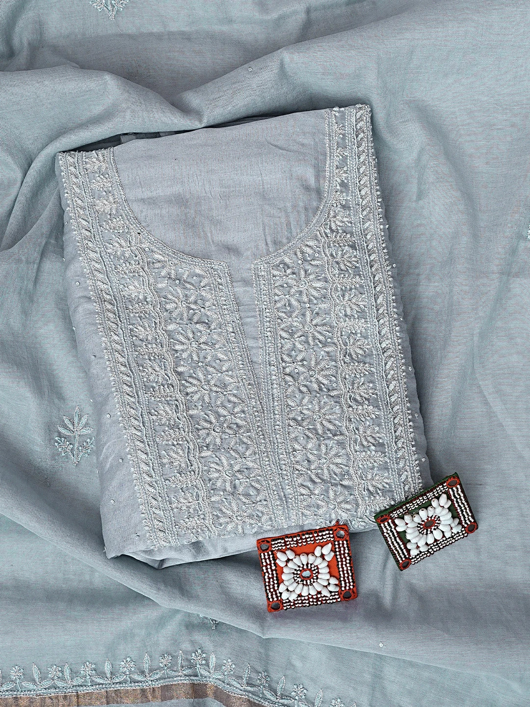 Ada Hand Embroidered Cool Grey Chanderi Lucknowi Chikankari Unstitched Kurta Dupatta Set With Cutdana Work 01A754501