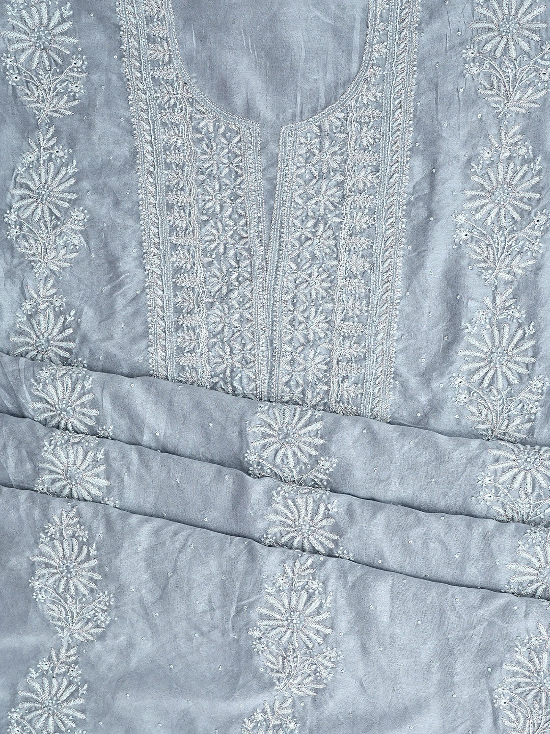 Ada Hand Embroidered Cool Grey Chanderi Lucknowi Chikankari Unstitched Kurta Dupatta Set With Cutdana Work 01A754501