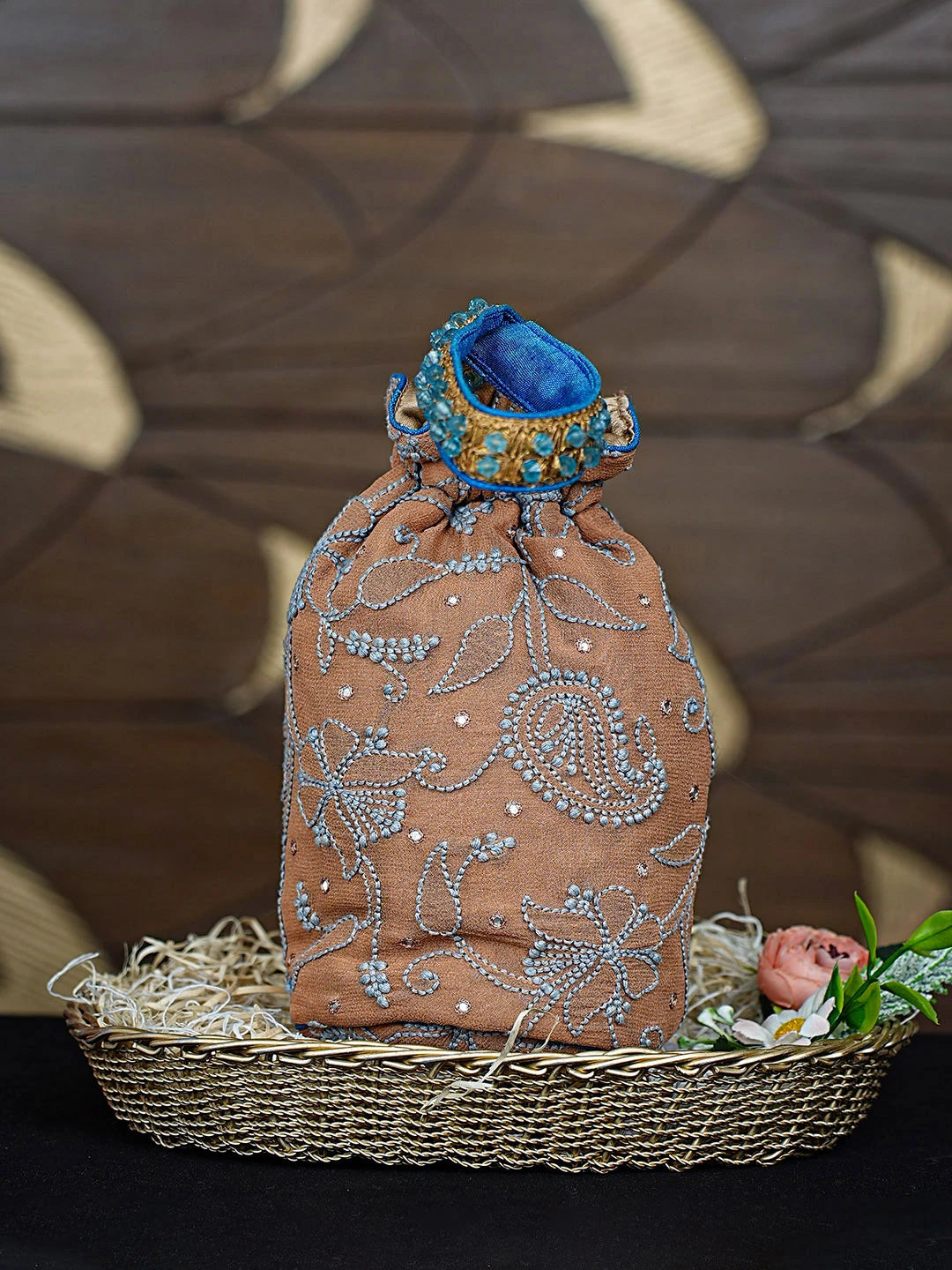 Ada Hand Embroidered Brown Cotton Lucknowi Chikankari Potli Bag With Mirror Work 01A77964