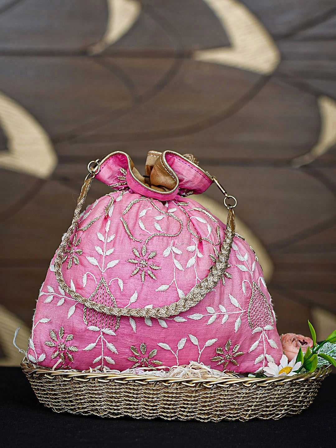 Ada Hand Embroidered Fuchsia Pink Silk Lucknowi Chikankari Potli Bag With Zari Work 01A263993