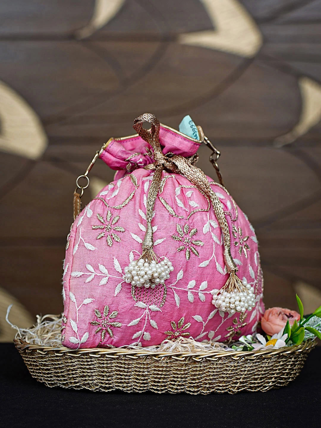 Ada Hand Embroidered Fuchsia Pink Silk Lucknowi Chikankari Potli Bag With Zari Work 01A263993