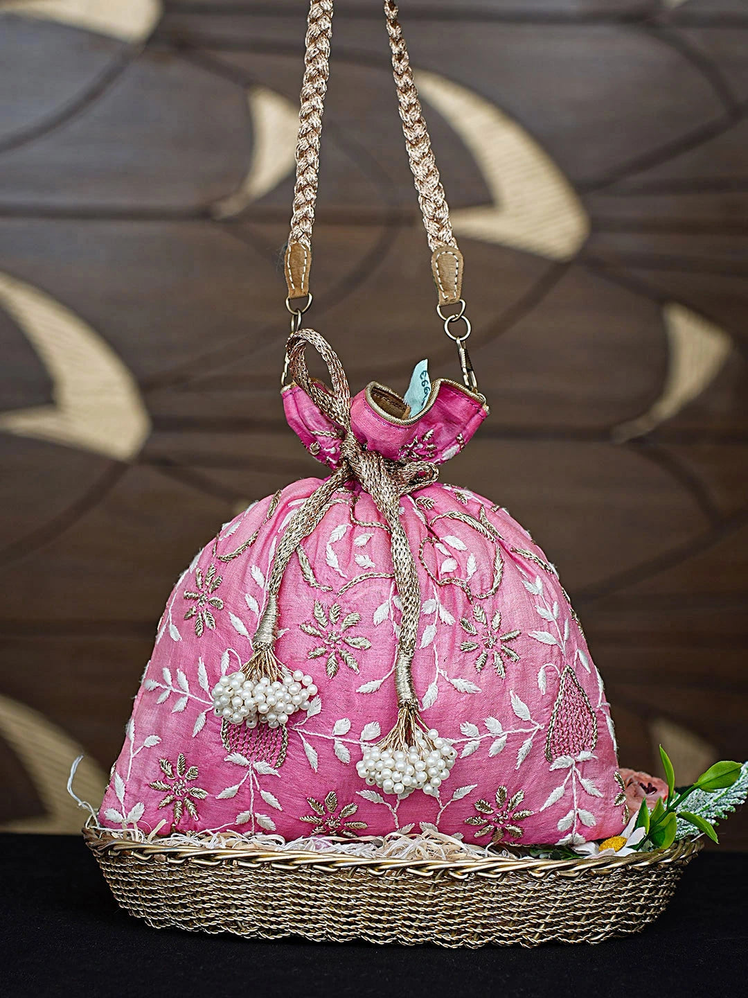 Ada Hand Embroidered Fuchsia Pink Silk Lucknowi Chikankari Potli Bag With Zari Work 01A263993