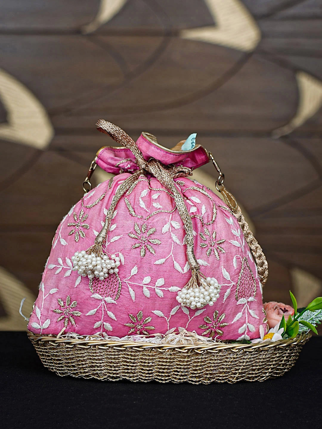 Ada Hand Embroidered Fuchsia Pink Silk Lucknowi Chikankari Potli Bag With Zari Work 01A263993