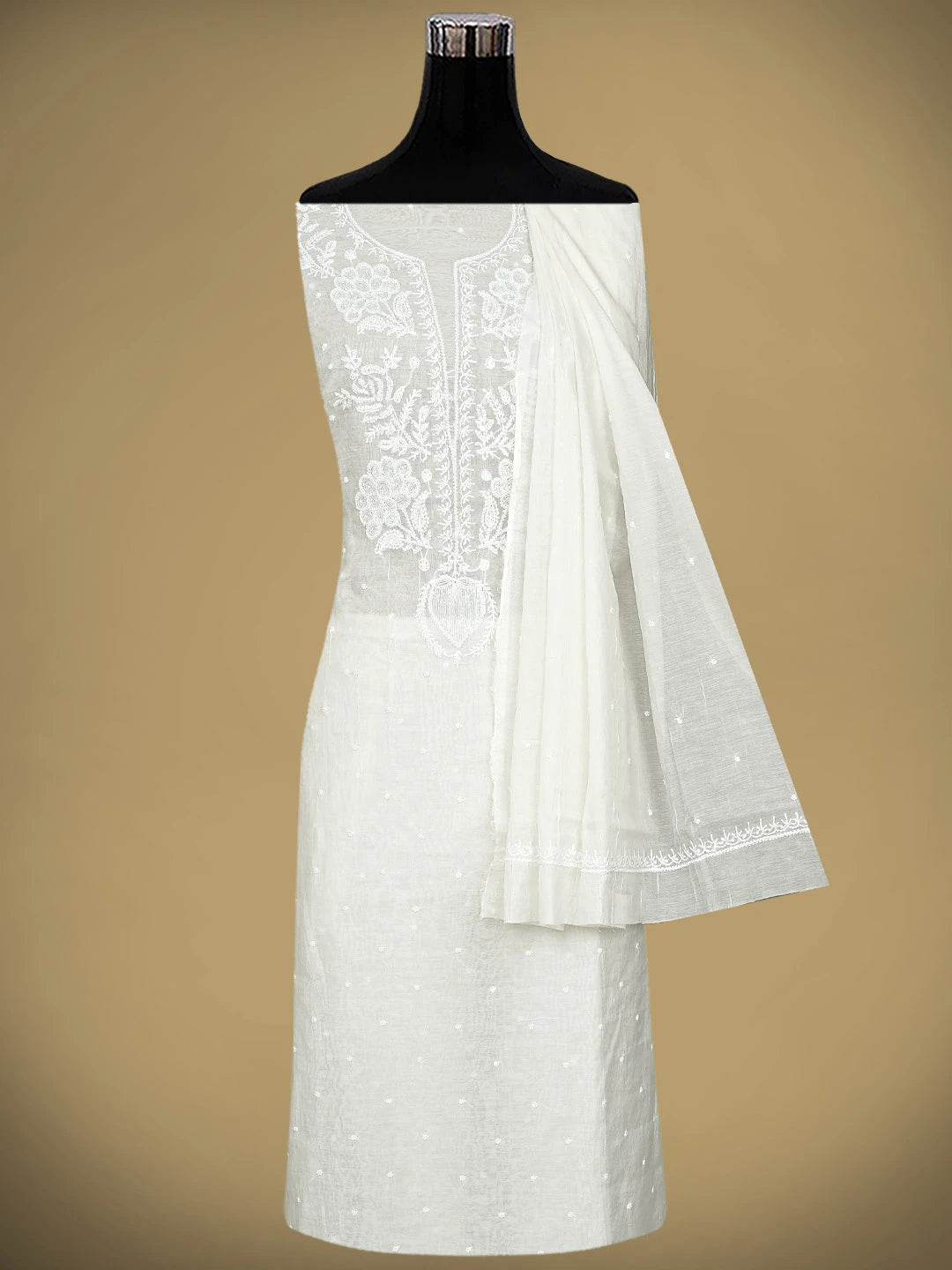 Ada Hand Embroidered White Ivory Cream Chanderi Lucknowi Chikankari Unstitched Kurta Dupatta Set With Pearl Work 01A911082