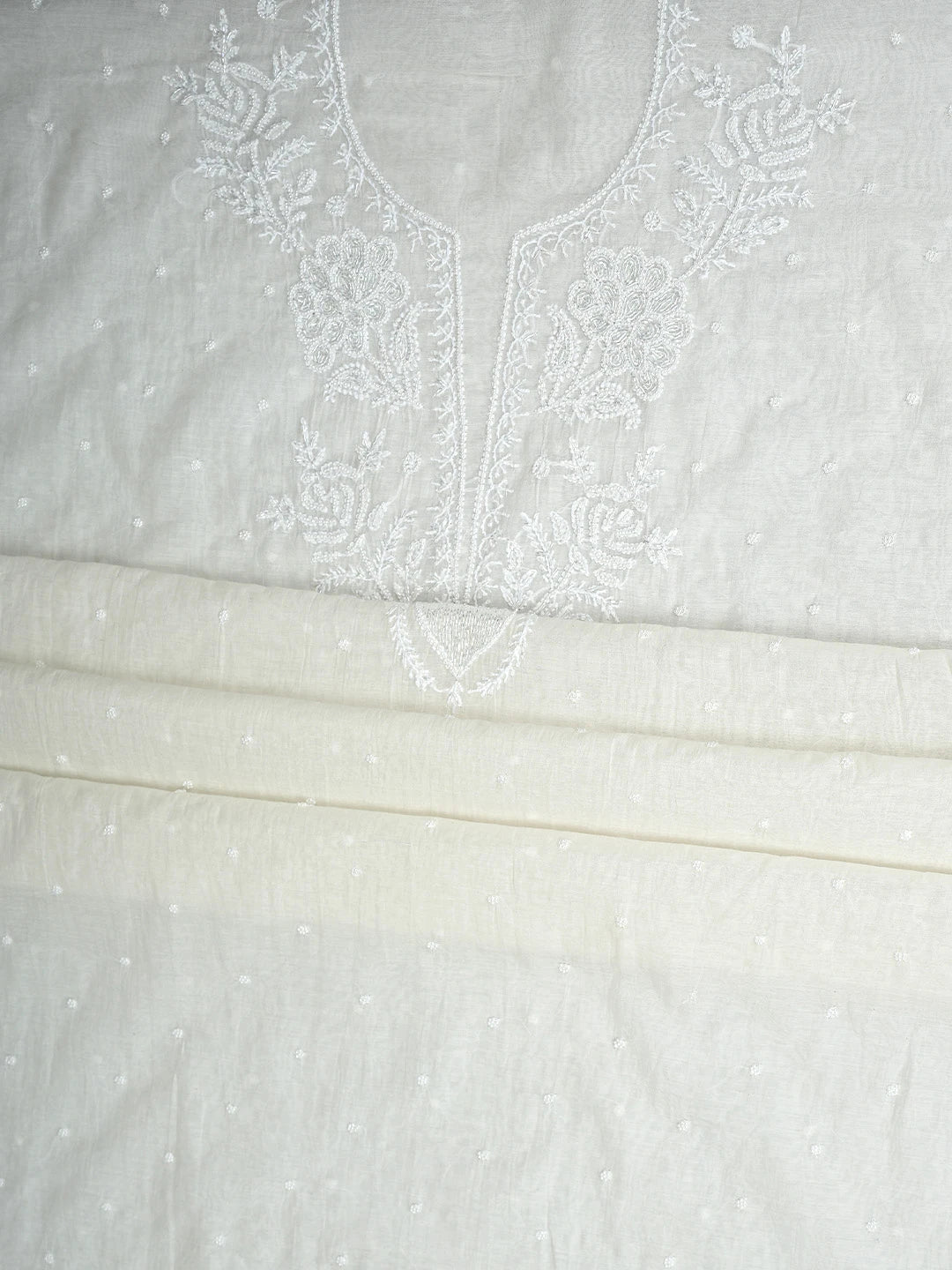 Ada Hand Embroidered White Ivory Cream Chanderi Lucknowi Chikankari Unstitched Kurta Dupatta Set With Pearl Work 01A911082