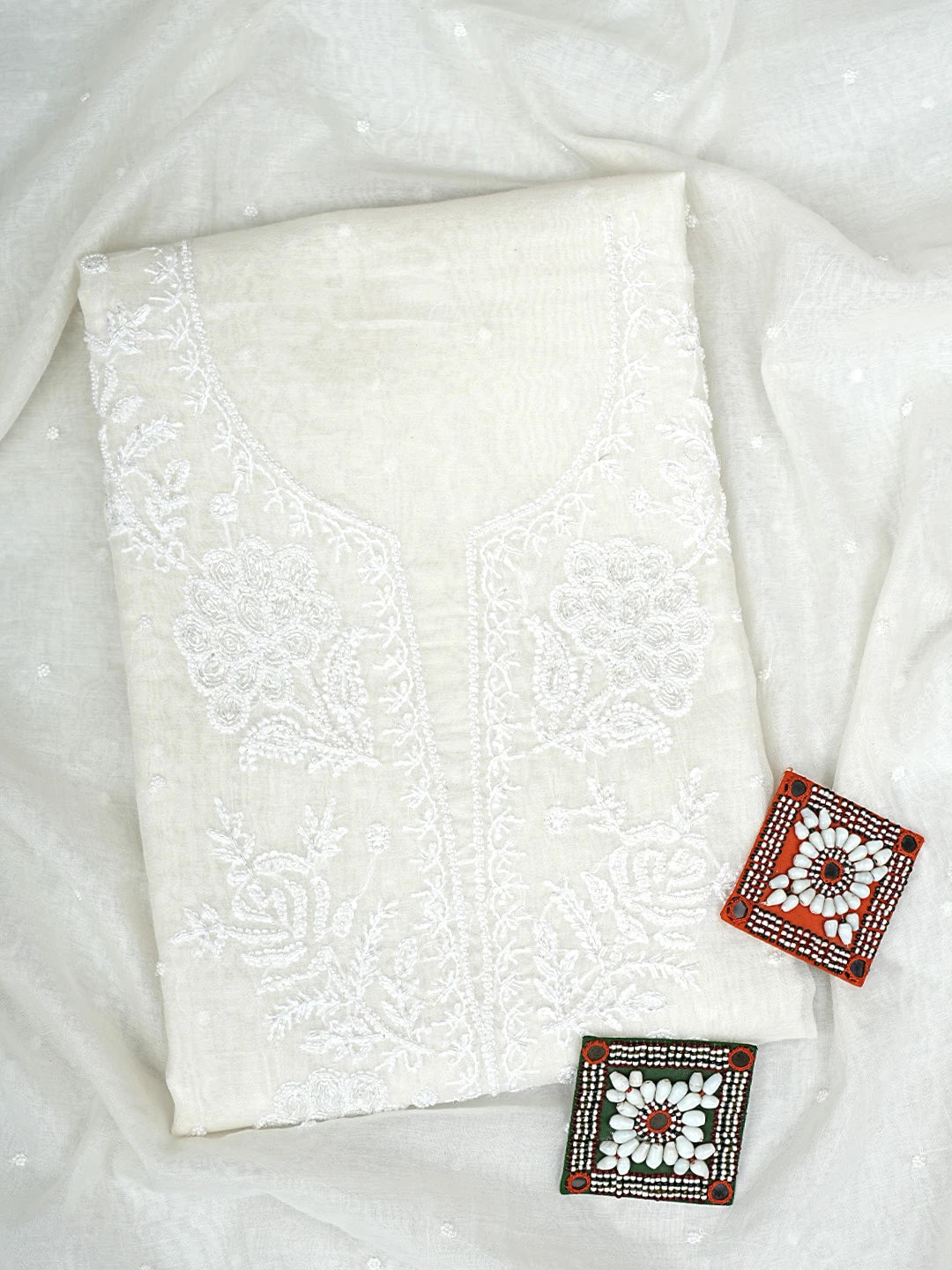 Ada Hand Embroidered White Ivory Cream Chanderi Lucknowi Chikankari Unstitched Kurta Dupatta Set With Pearl Work 01A911082