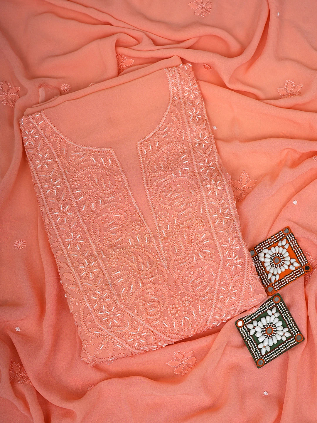 Ada Hand Embroidered Peach Orange Viscose Georgette Lucknowi Chikankari Unstitched Kurta Dupatta Set With Pearl Work 01A893656