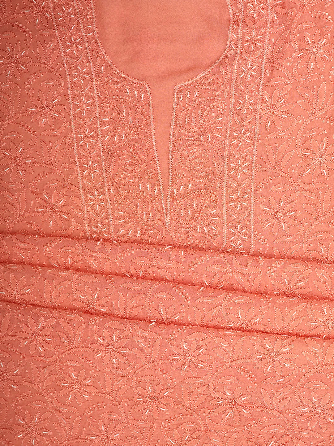 Ada Hand Embroidered Peach Orange Viscose Georgette Lucknowi Chikankari Unstitched Kurta Dupatta Set With Pearl Work 01A893656