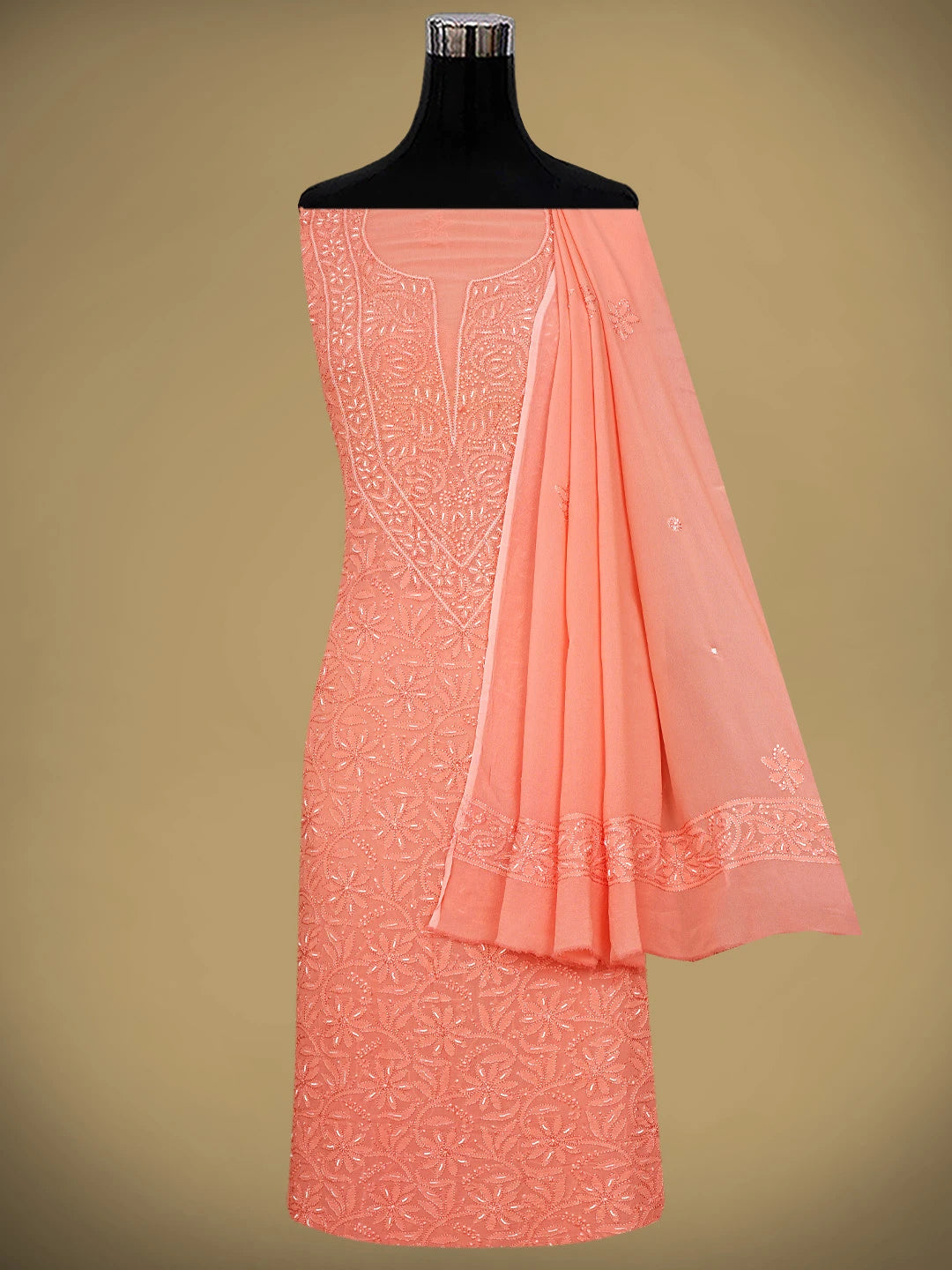 Ada Hand Embroidered Peach Orange Viscose Georgette Lucknowi Chikankari Unstitched Kurta Dupatta Set With Pearl Work 01A893656