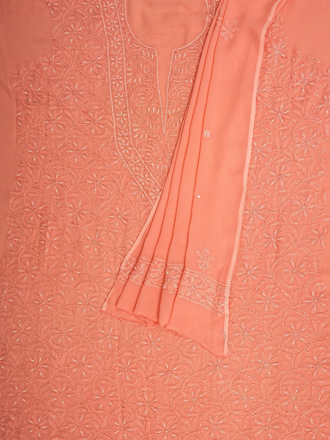 Ada Hand Embroidered Peach Orange Viscose Georgette Lucknowi Chikankari Unstitched Kurta Dupatta Set With Pearl Work 01A893656