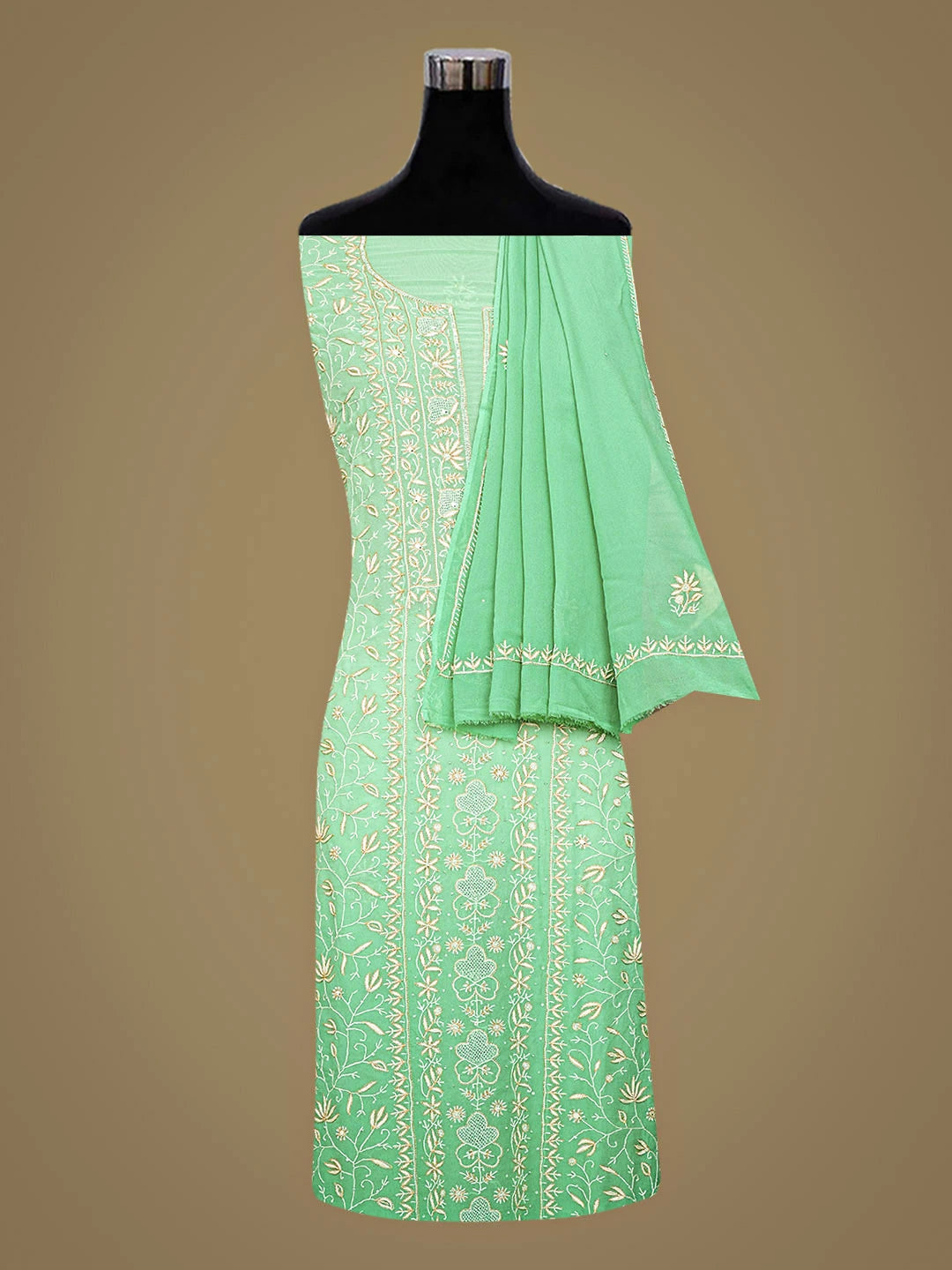 Ada Hand Embroidered Green Pure Georgette Lucknowi Chikankari Unstitched Kurta Dupatta Set With Sequinned Work 01A873634
