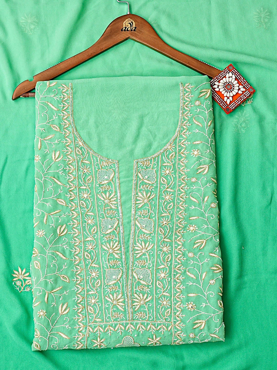 Ada Hand Embroidered Green Pure Georgette Lucknowi Chikankari Unstitched Kurta Dupatta Set With Sequinned Work 01A873634
