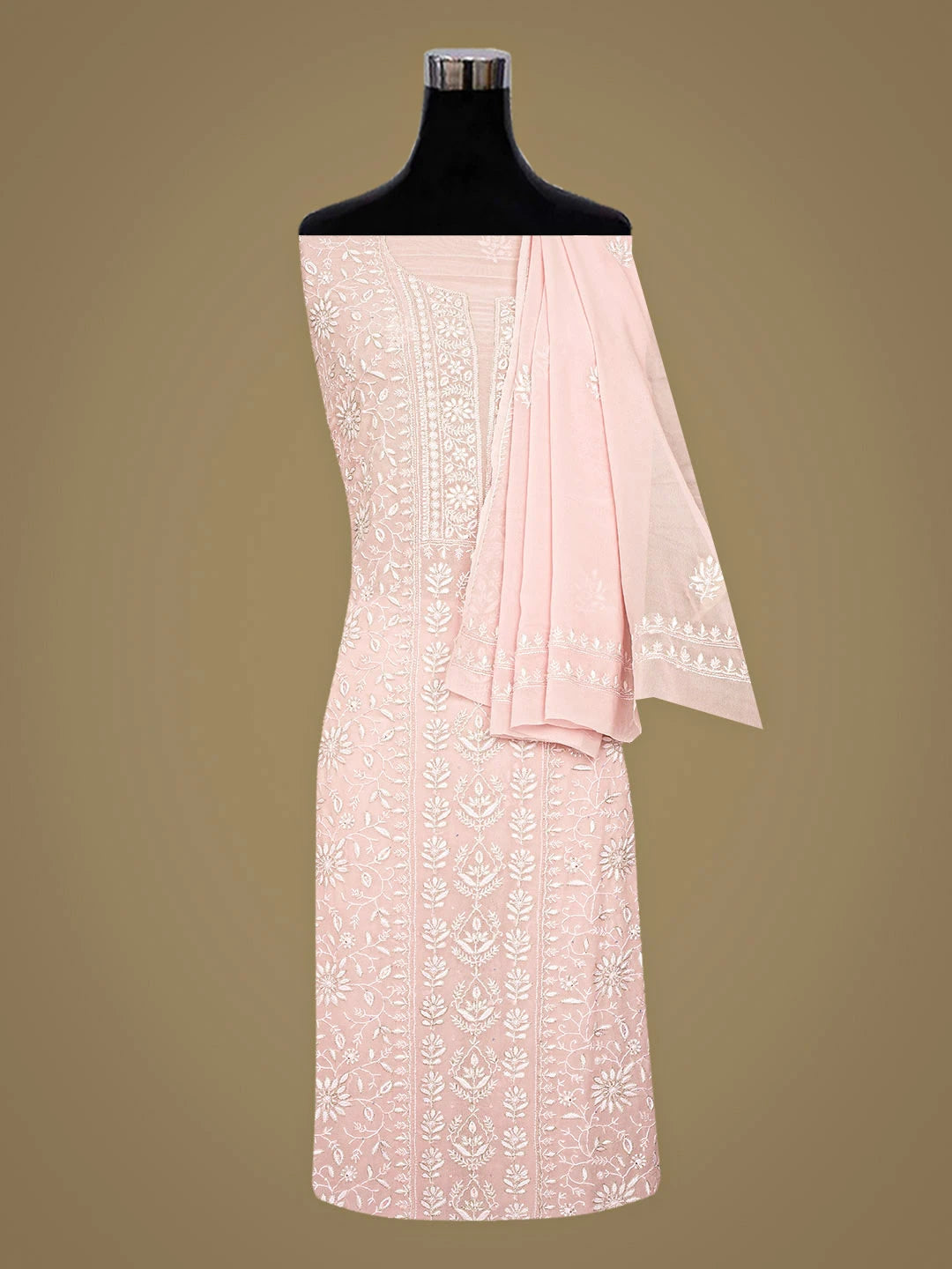 Ada Hand Embroidered Pink Pure Georgette Lucknowi Chikankari Unstitched Kurta Dupatta Set With Sequinned Work 01A664542