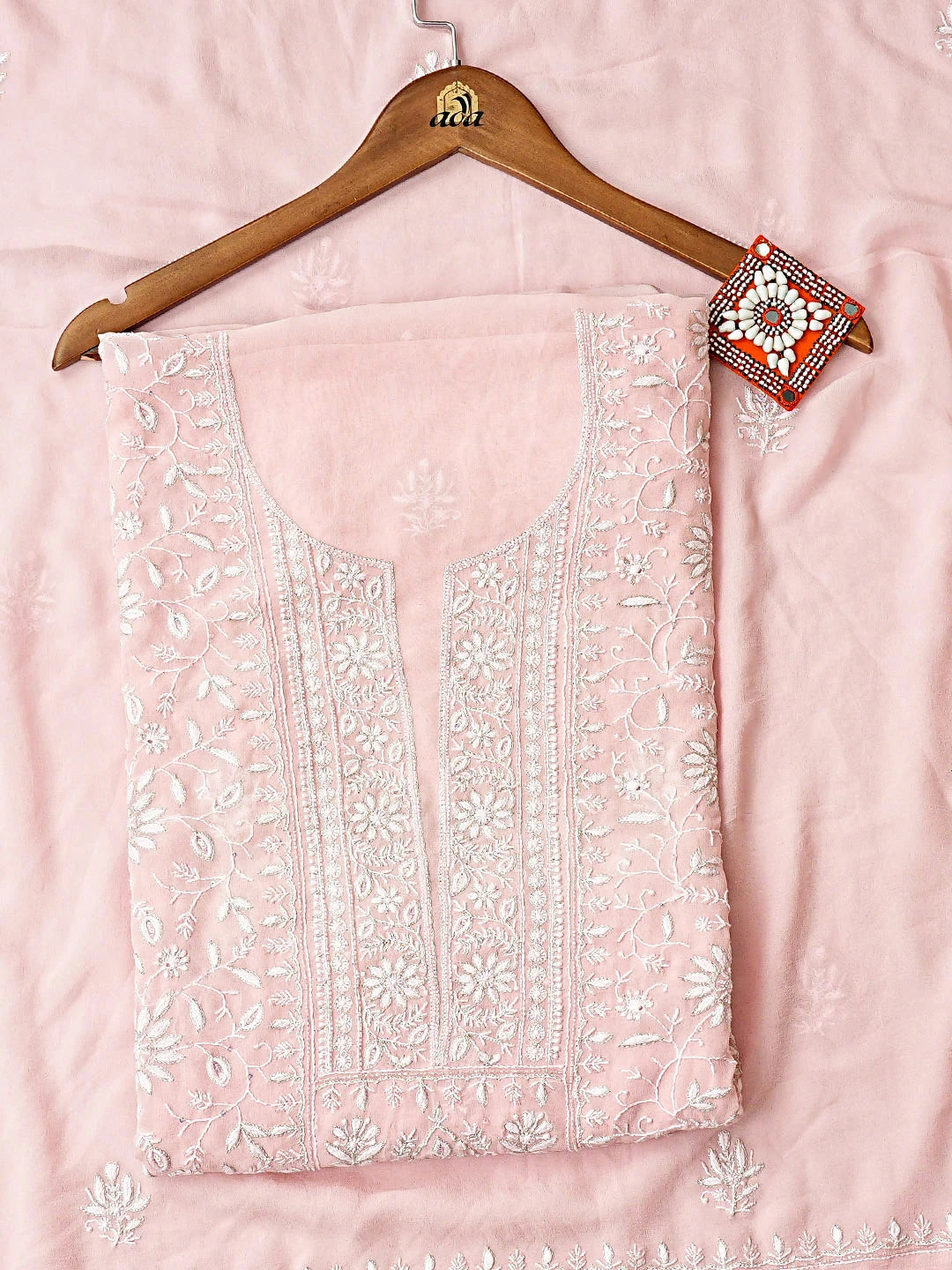 Ada Hand Embroidered Pink Pure Georgette Lucknowi Chikankari Unstitched Kurta Dupatta Set With Sequinned Work 01A664542