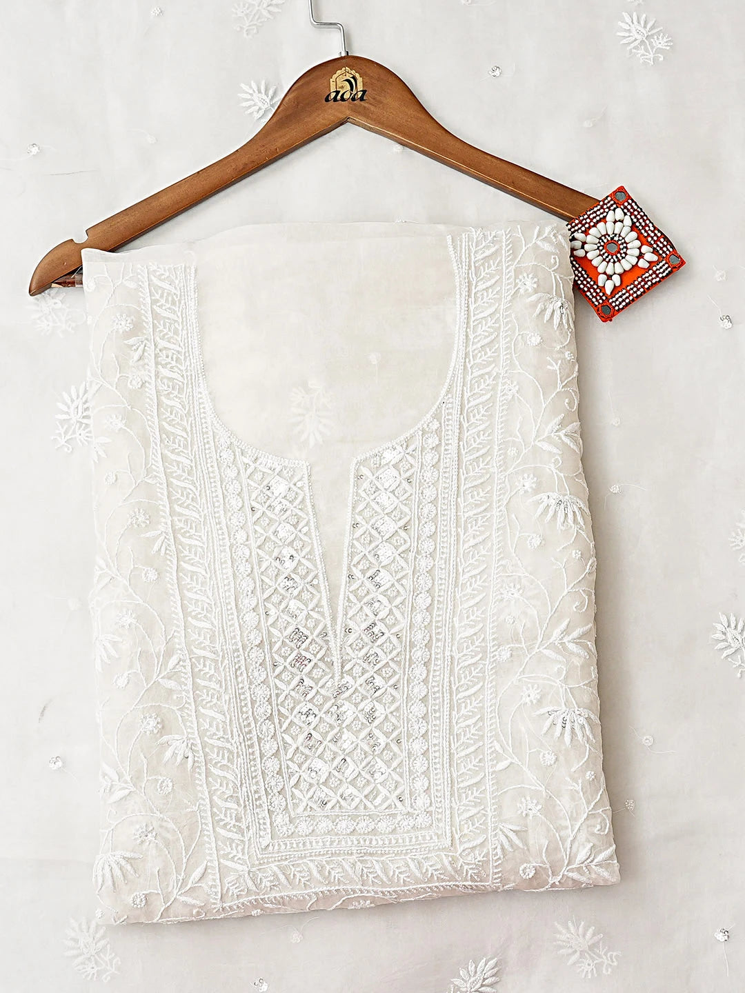 Ada Hand Embroidered White Organza Lucknowi Chikankari Unstitched Kurta Dupatta Set With Pearl Work 01A754654