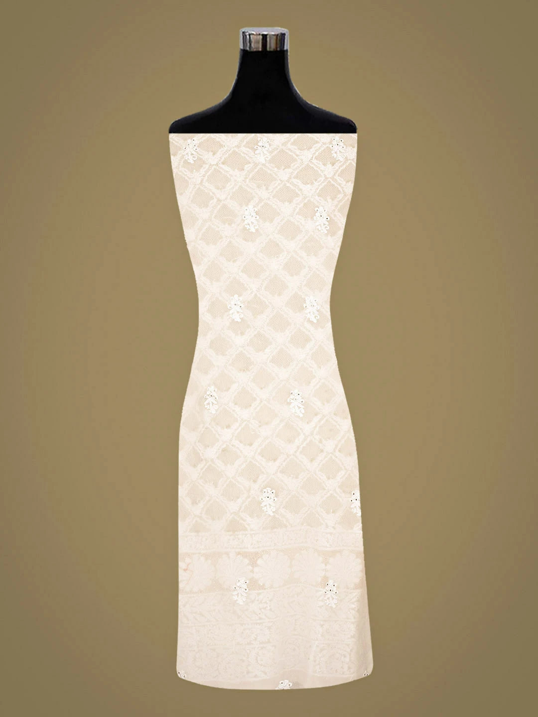 Ada Hand Embroidered White Pure Georgette Lucknowi Chikankari Unstitched Kurta Dupatta Set With Muqaish/Mukaish Work 01A808609