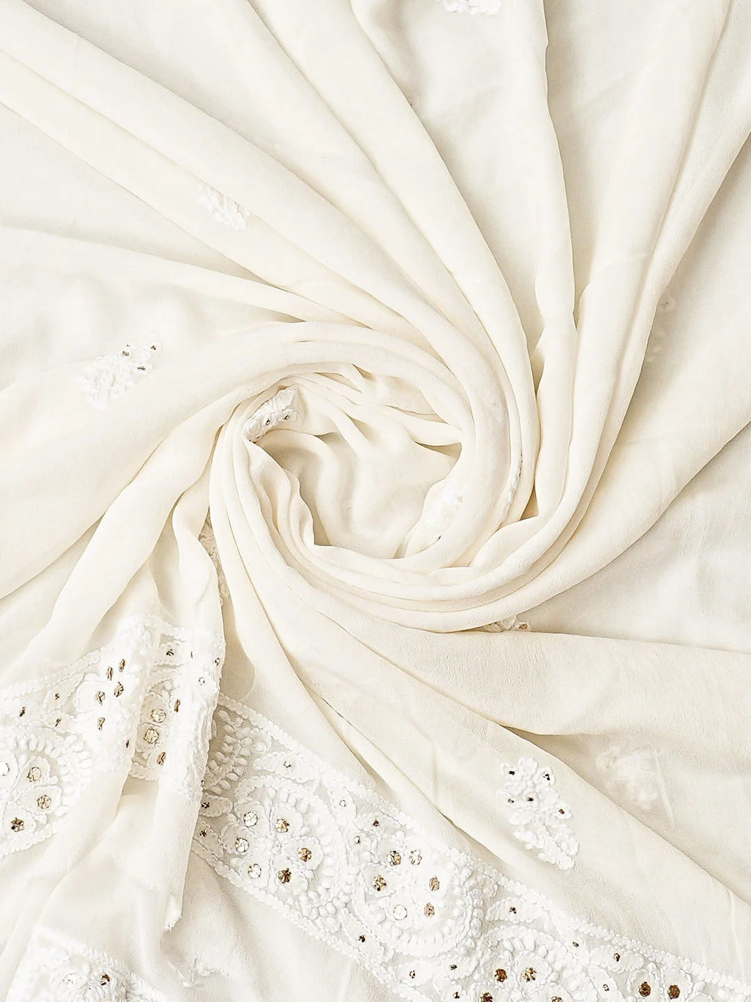 Ada Hand Embroidered White Pure Georgette Lucknowi Chikankari Unstitched Kurta Dupatta Set With Muqaish/Mukaish Work 01A808609