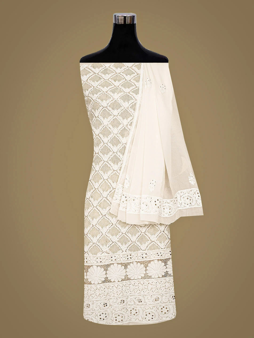 Ada Hand Embroidered White Pure Georgette Lucknowi Chikankari Unstitched Kurta Dupatta Set With Muqaish/Mukaish Work 01A808609