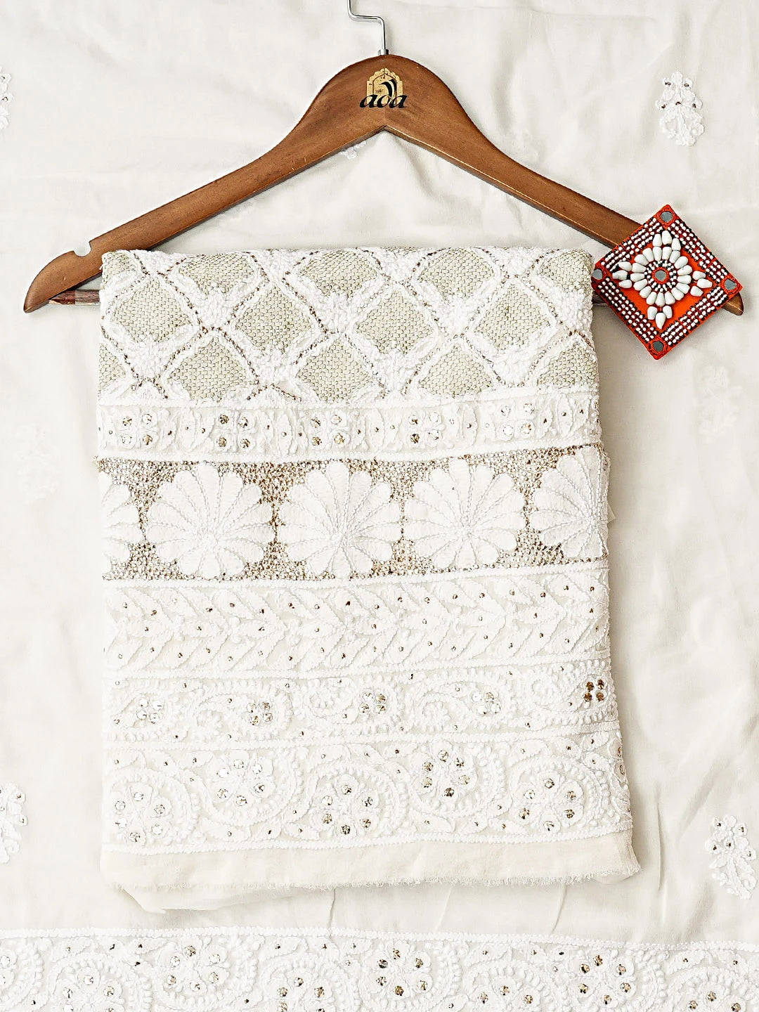 Ada Hand Embroidered White Pure Georgette Lucknowi Chikankari Unstitched Kurta Dupatta Set With Muqaish/Mukaish Work 01A808609