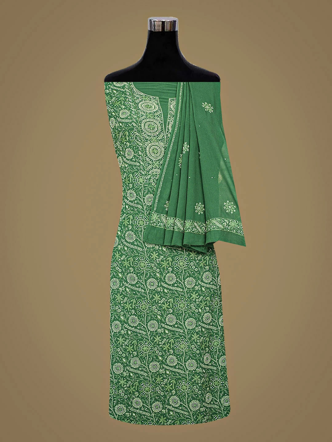 Ada Hand Embroidered Dark Emerald Green Pure Georgette Lucknowi Chikankari Unstitched Kurta Dupatta Set With Sequinned Work 01A353206