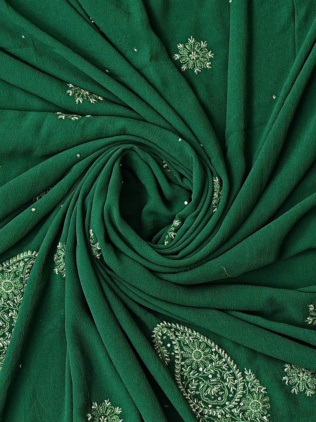 Ada Hand Embroidered Dark Emerald Green Pure Georgette Lucknowi Chikankari Unstitched Kurta Dupatta Set With Sequinned Work 01A353206