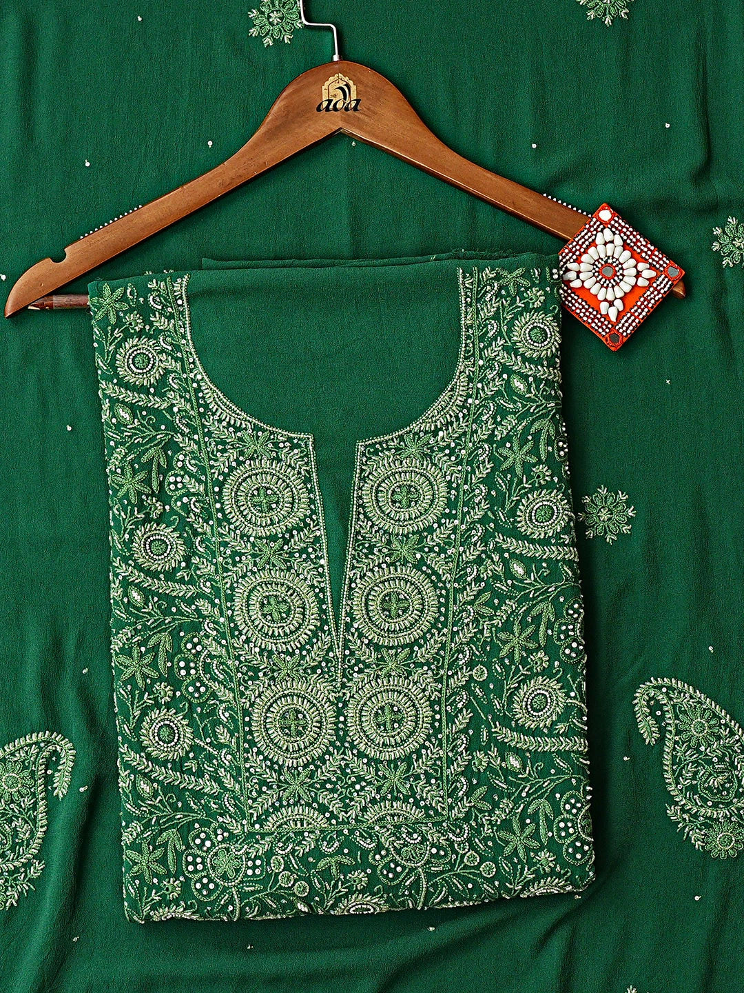 Ada Hand Embroidered Dark Emerald Green Pure Georgette Lucknowi Chikankari Unstitched Kurta Dupatta Set With Sequinned Work 01A353206