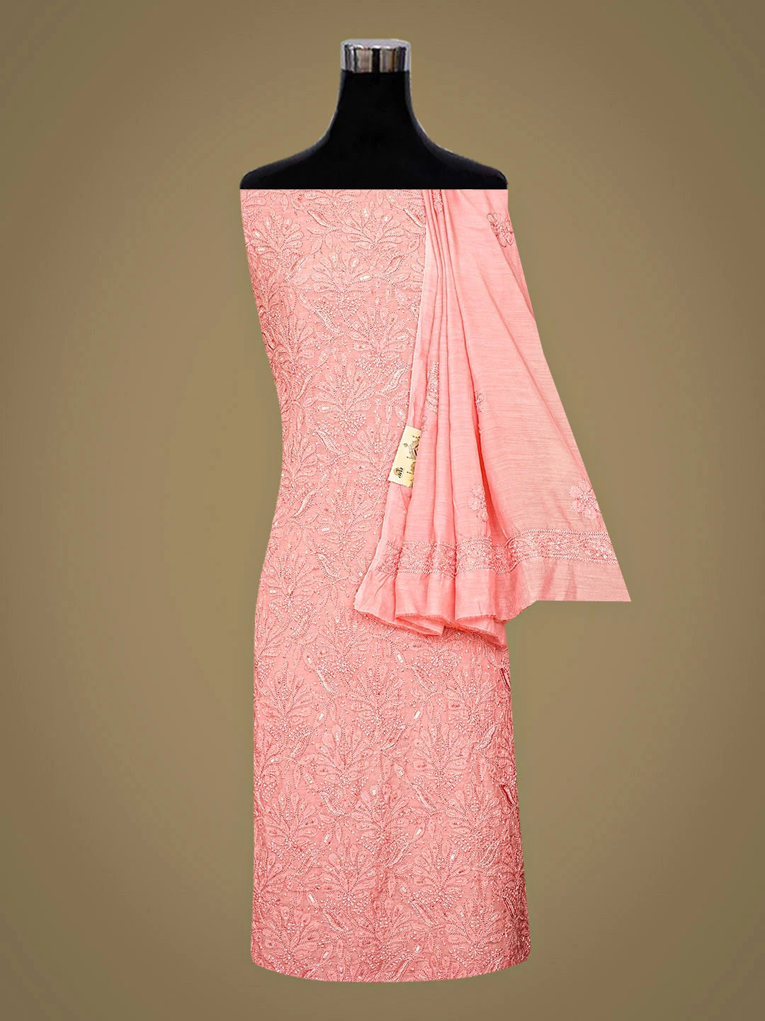 Ada Hand Embroidered Coral Pink Muslin Lucknowi Chikankari Unstitched Kurta With Cutdana Work 01A798307