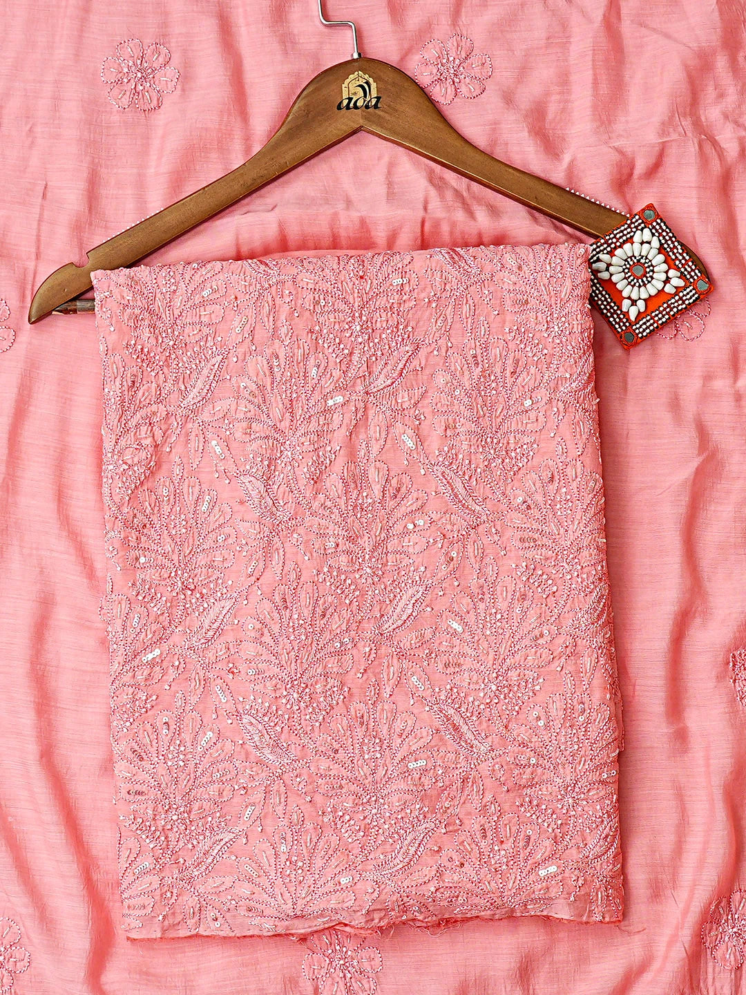 Ada Hand Embroidered Coral Pink Muslin Lucknowi Chikankari Unstitched Kurta With Cutdana Work 01A798307