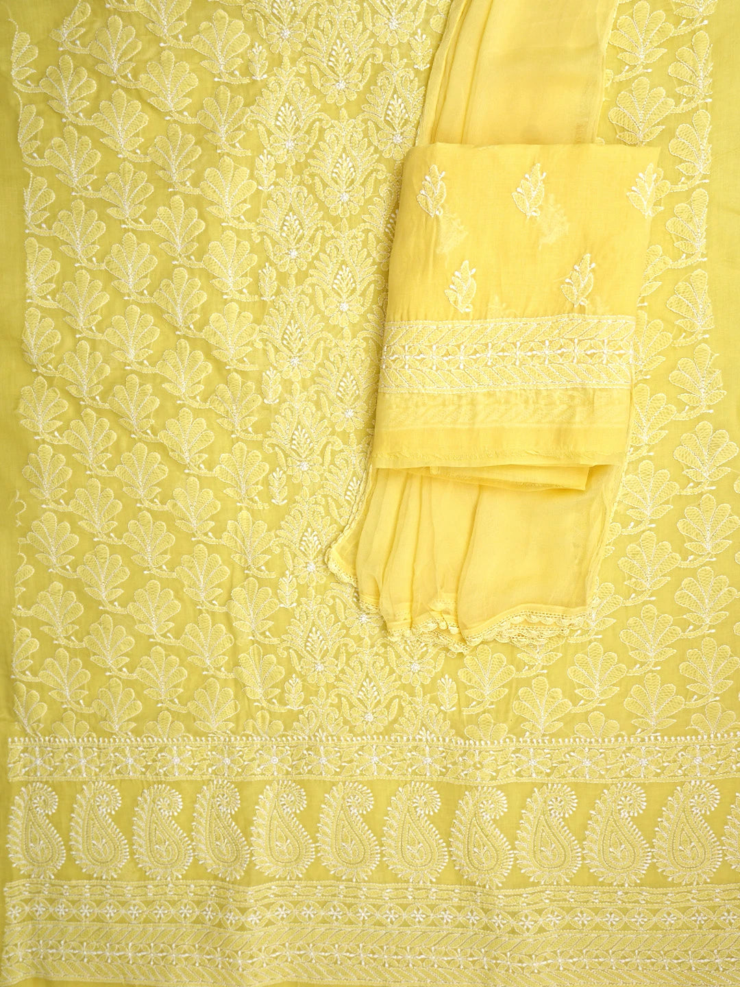 Ada Hand Embroidered Yellow Cotton Lucknowi Chikankari Unstitched Suit Piece with Cotton Dupatta 01A777787