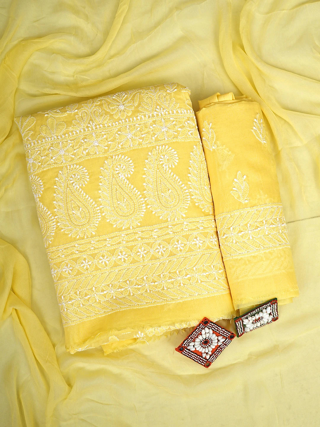 Ada Hand Embroidered Yellow Cotton Lucknowi Chikankari Unstitched Suit Piece with Cotton Dupatta 01A777787