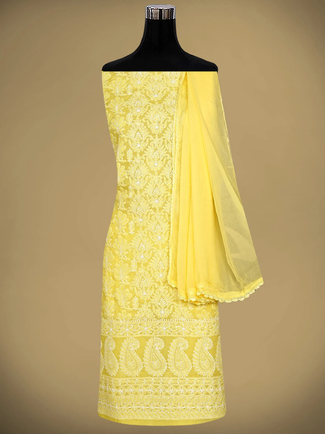 Ada Hand Embroidered Yellow Cotton Lucknowi Chikankari Unstitched Suit Piece with Cotton Dupatta 01A777787