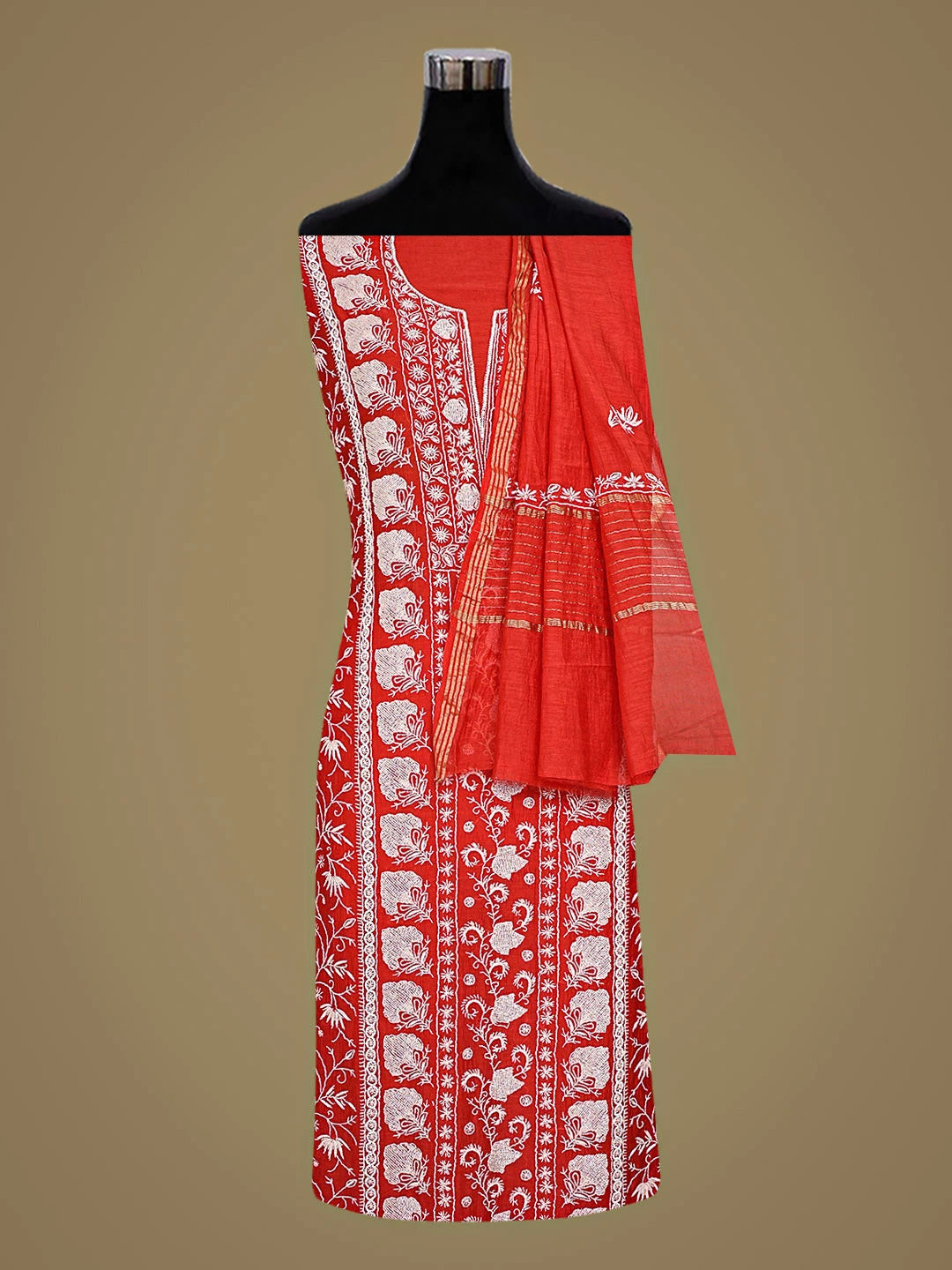 Ada Hand Embroidered Red Chanderi Lucknowi Chikankari Unstitched Kurta Dupatta Set With Cutdana Work 01A837853