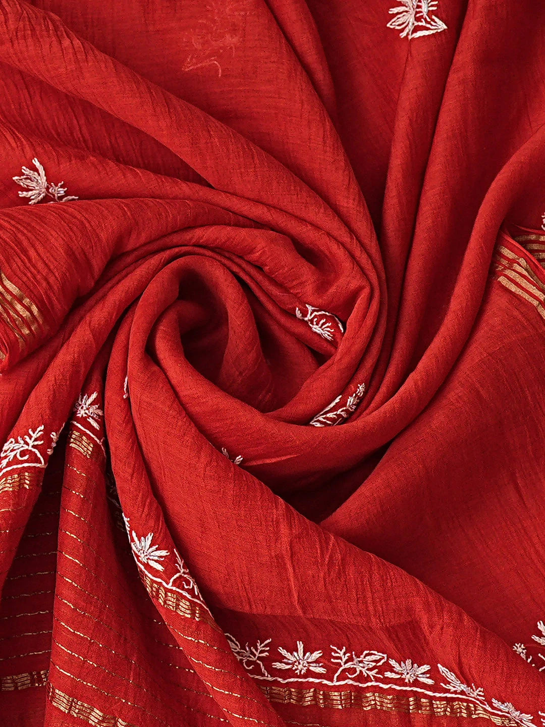 Ada Hand Embroidered Red Chanderi Lucknowi Chikankari Unstitched Kurta Dupatta Set With Cutdana Work 01A837853