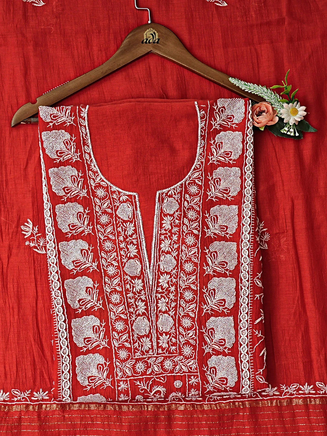 Ada Hand Embroidered Red Chanderi Lucknowi Chikankari Unstitched Kurta Dupatta Set With Cutdana Work 01A837853