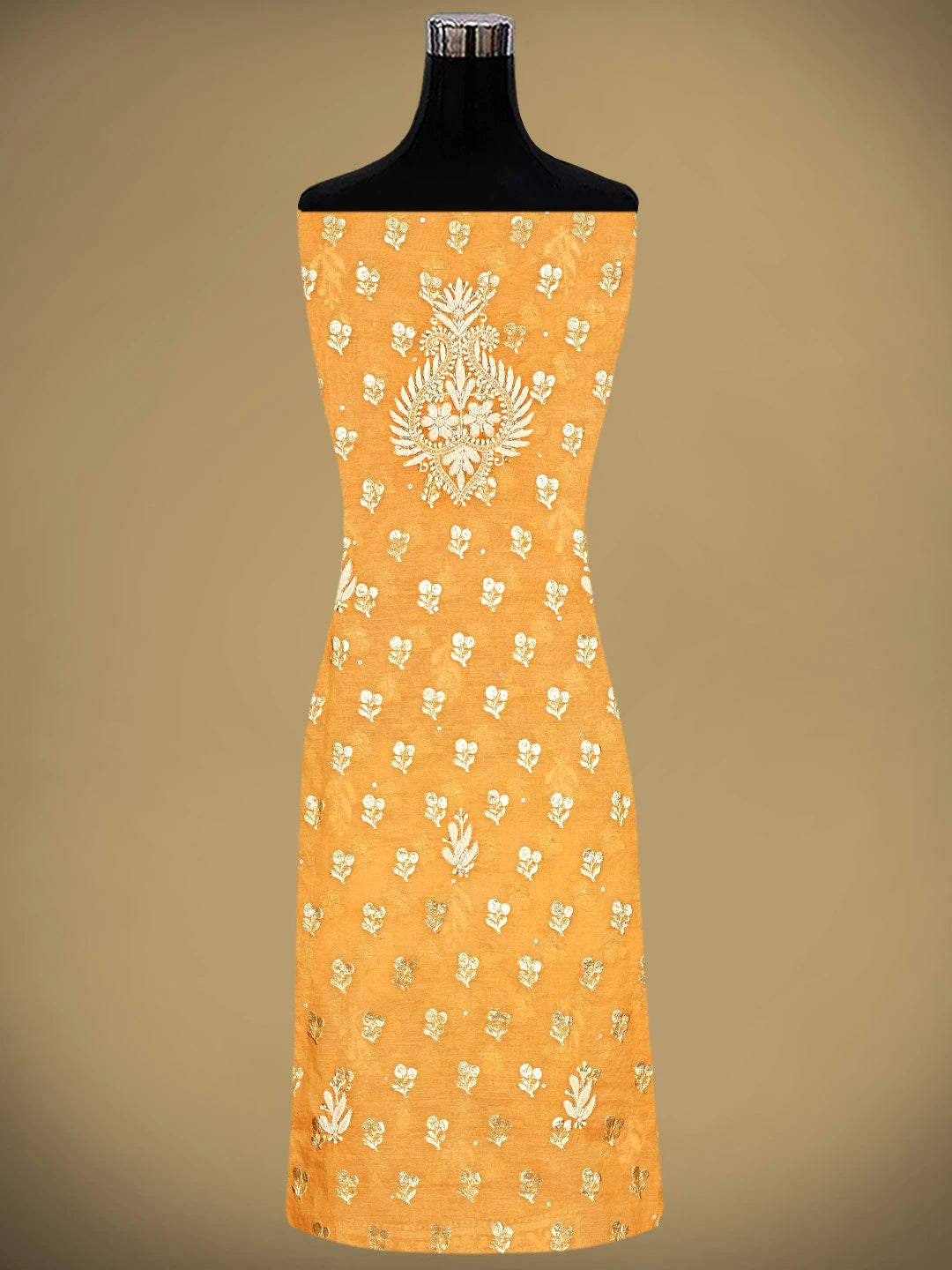 Ada Hand Embroidered Golden Apricot Orange Chanderi Lucknowi Chikankari Unstitched Kurta Dupatta Set With Cutdana Work 01A722390