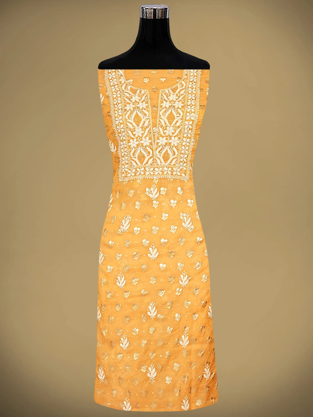 Ada Hand Embroidered Golden Apricot Orange Chanderi Lucknowi Chikankari Unstitched Kurta Dupatta Set With Cutdana Work 01A722390