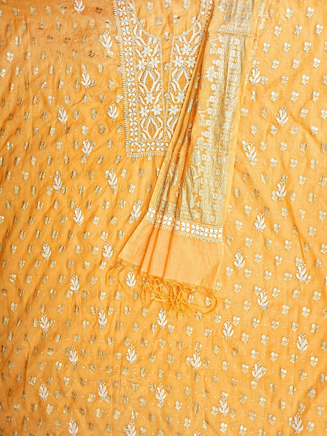 Ada Hand Embroidered Golden Apricot Orange Chanderi Lucknowi Chikankari Unstitched Kurta Dupatta Set With Cutdana Work 01A722390
