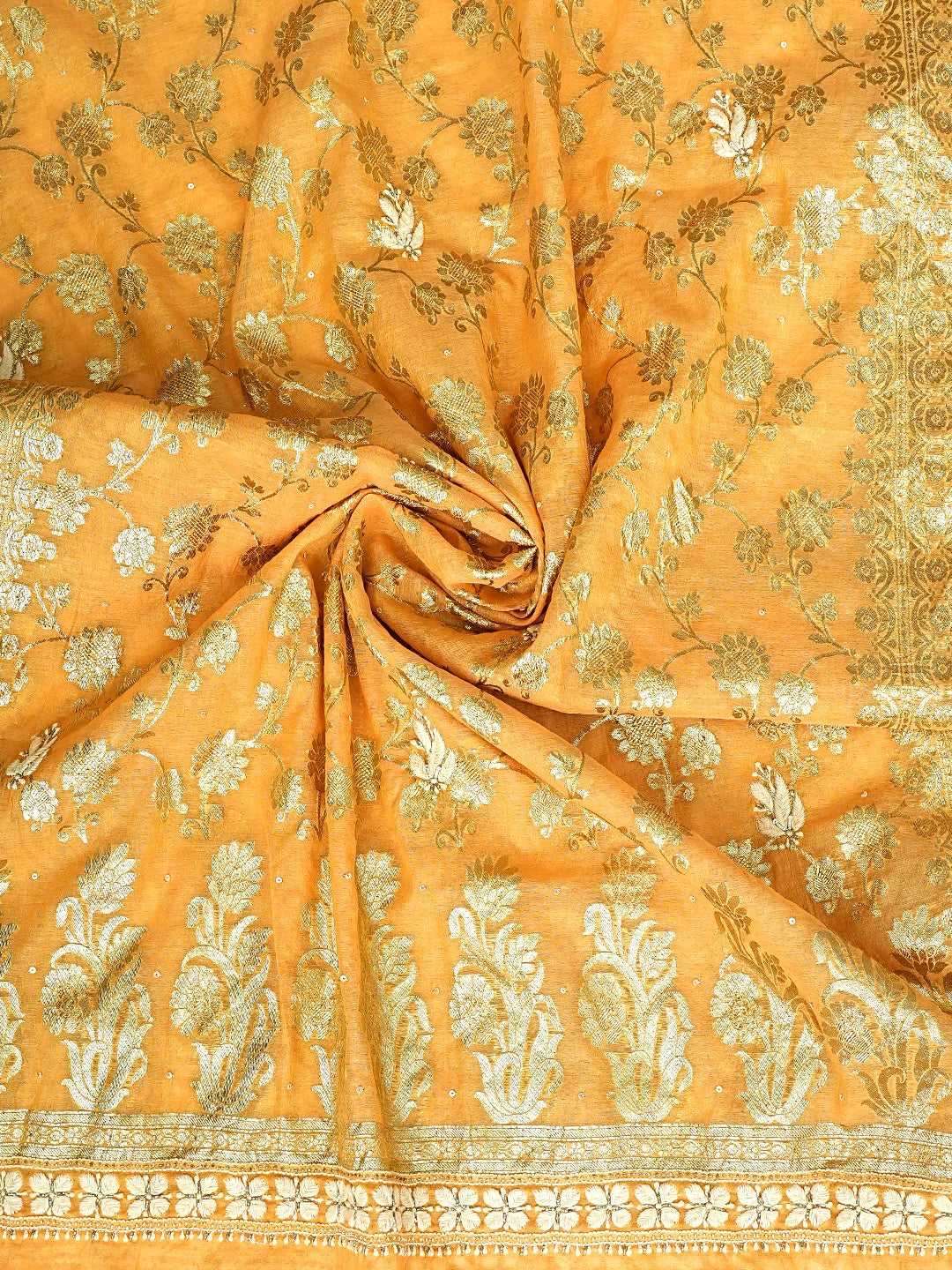 Ada Hand Embroidered Golden Apricot Orange Chanderi Lucknowi Chikankari Unstitched Kurta Dupatta Set With Cutdana Work 01A722390