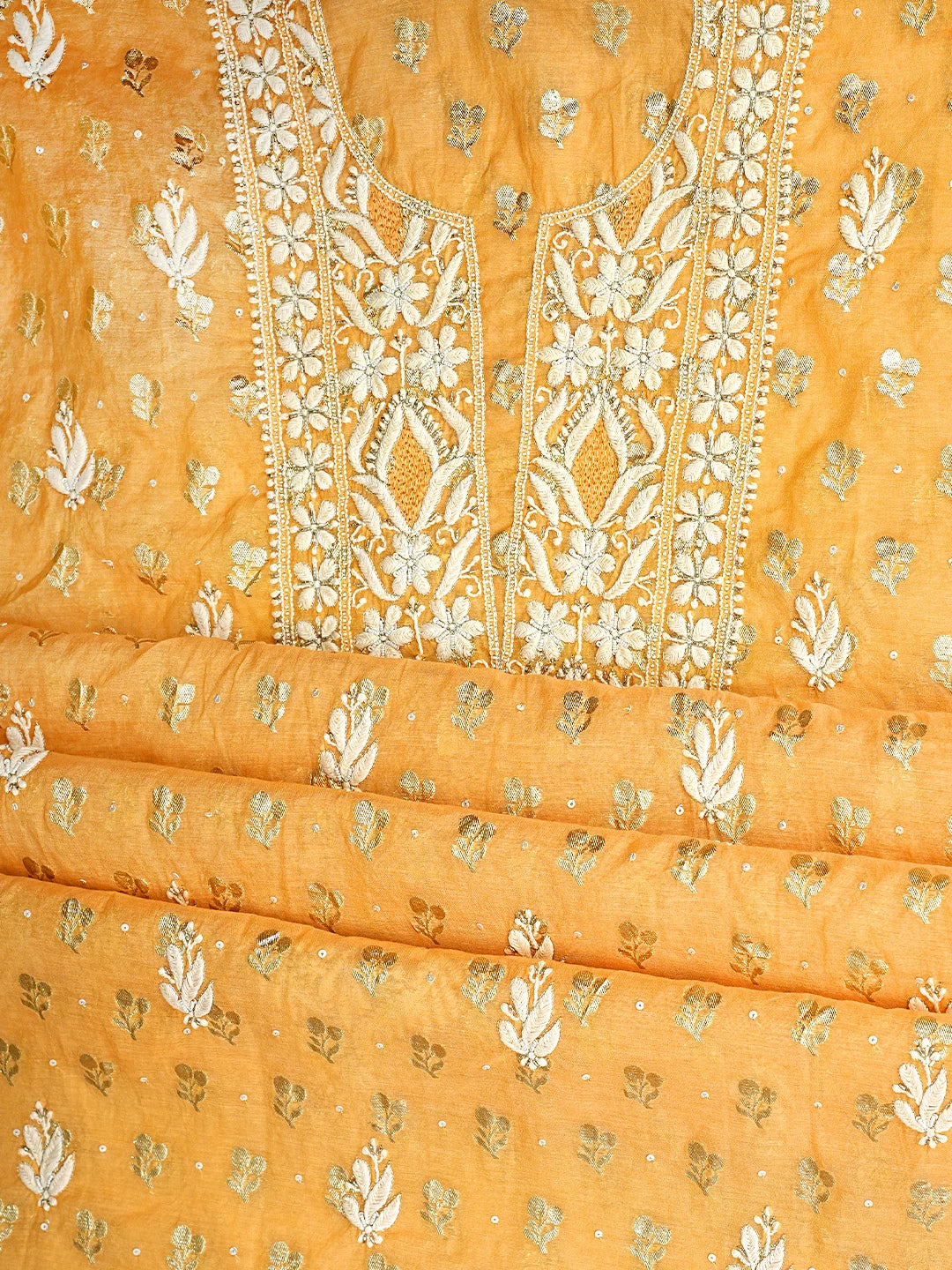 Ada Hand Embroidered Golden Apricot Orange Chanderi Lucknowi Chikankari Unstitched Kurta Dupatta Set With Cutdana Work 01A722390