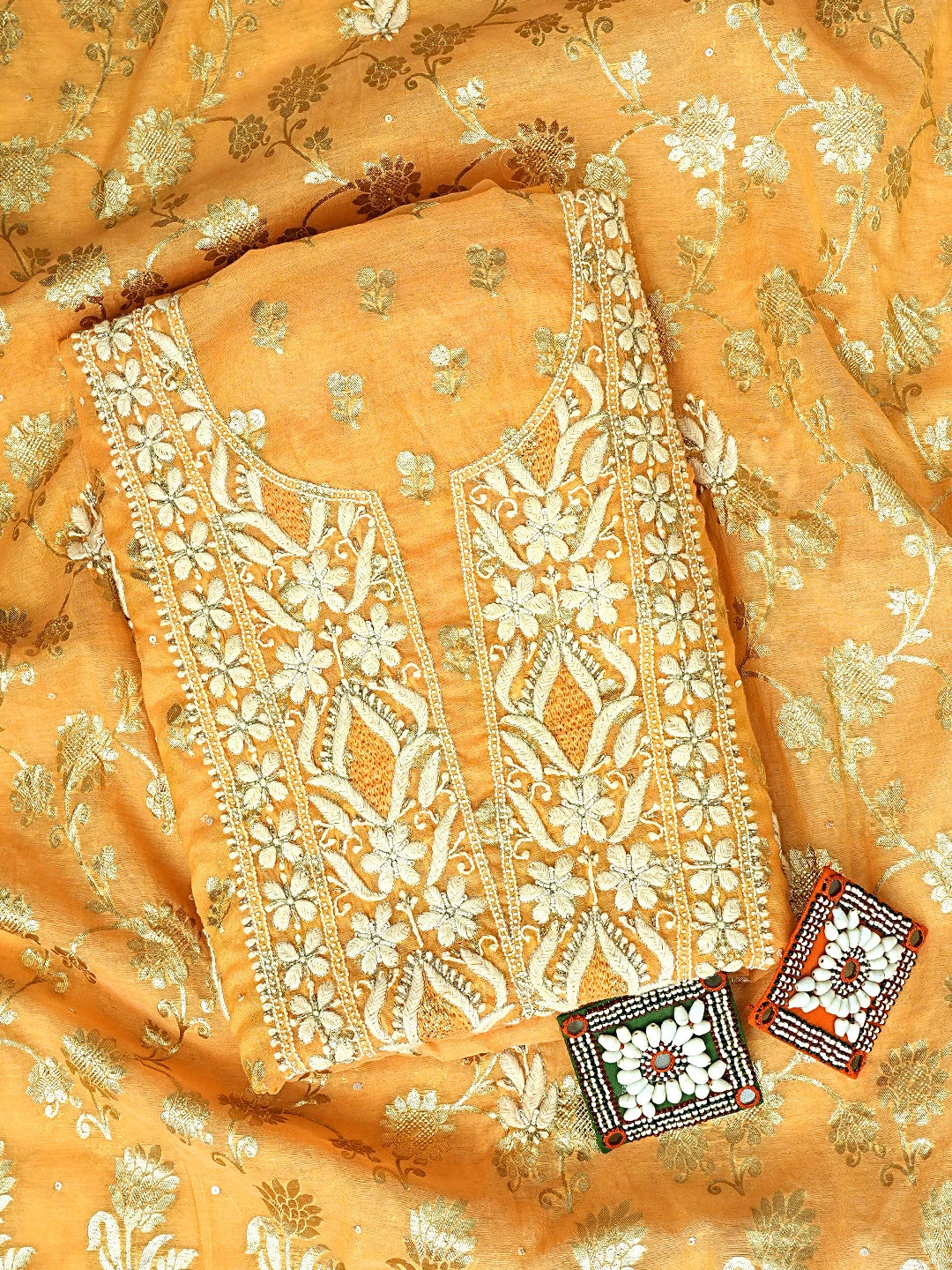 Ada Hand Embroidered Golden Apricot Orange Chanderi Lucknowi Chikankari Unstitched Kurta Dupatta Set With Cutdana Work 01A722390