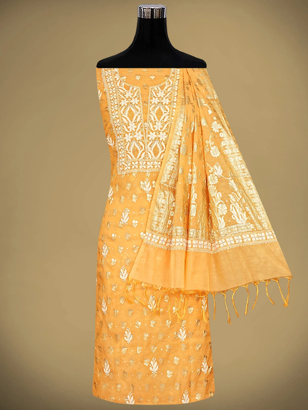 Ada Hand Embroidered Golden Apricot Orange Chanderi Lucknowi Chikankari Unstitched Kurta Dupatta Set With Cutdana Work 01A722390